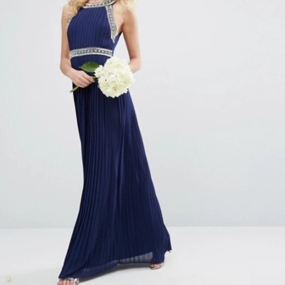 Dress 6 Maxi Blue Chiffon Rhinestone Beaded TFNC/Asos Cocktail/Party/Wedding - Picture 5 of 8